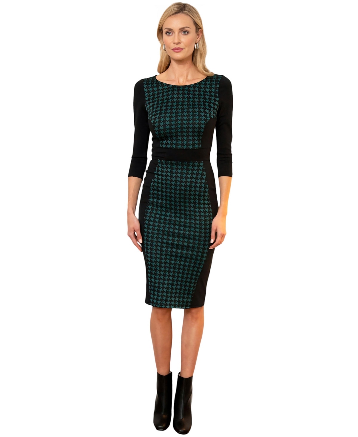 Women's Bodycon Ponte Dress with 3/4 Sleeves - Black