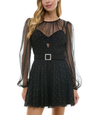 City Studios - Juniors' Rhinestone Tulle Belted Fit & Flare Dress