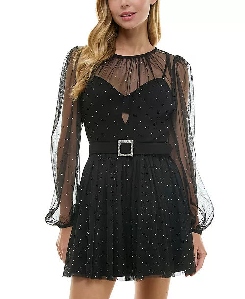 juniors' rhinestone tulle belted fit & flare dress
