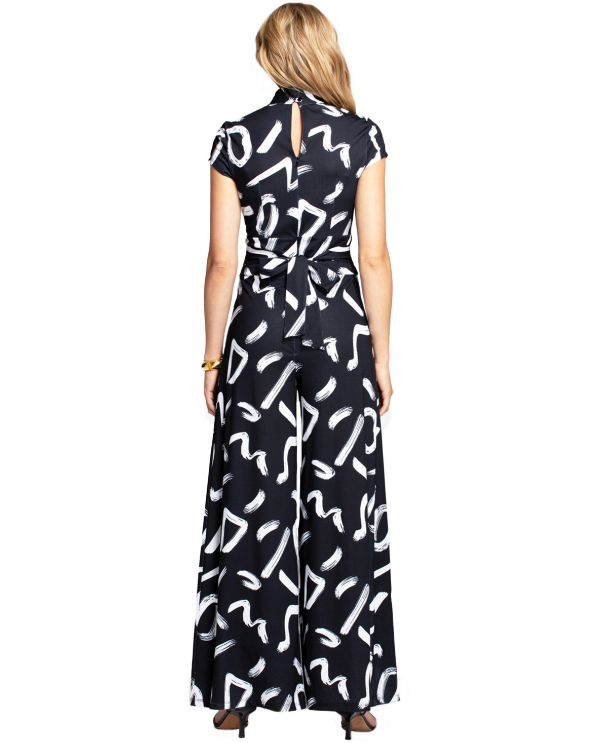 Hotsquash London Women's Black & White V-Neck Wide Leg Jumpsuit - Black with white brushstrokes