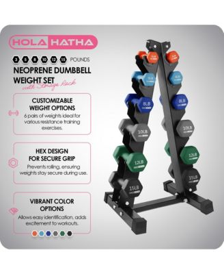 3, 5, 8, 10, 12 & 15 Pound Neoprene Dumbbell Weight Set w/Storage Rack