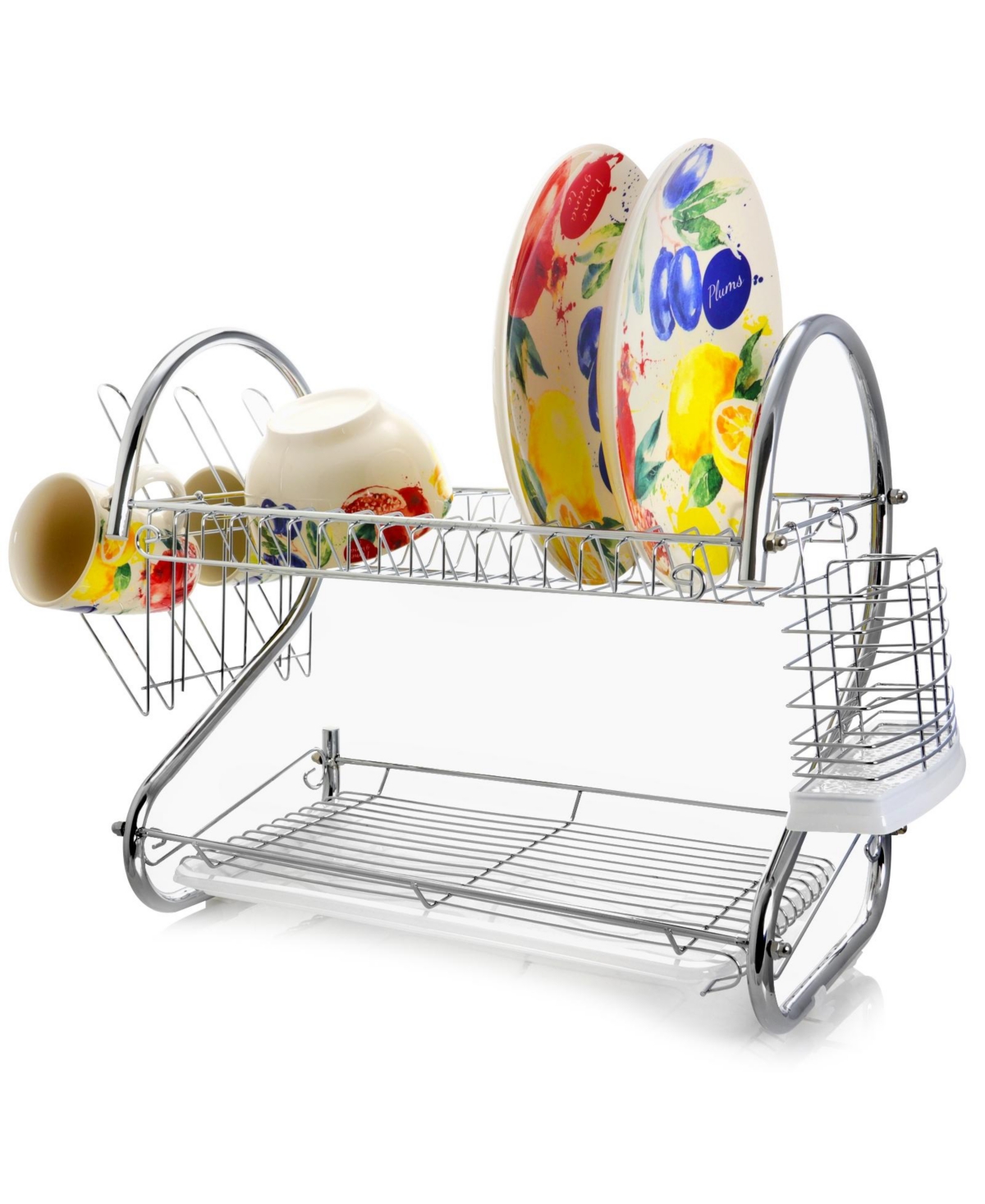 Megachef Two Shelf Dish Rack with Easily Removable Draining Tray, 6 Cup Hangers and Removable Utensil Holder