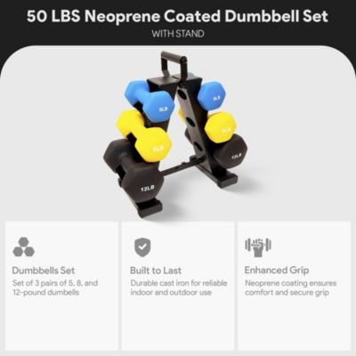 5, 8, and 12 Pound Neoprene Coated Dumbbell Set with Stand