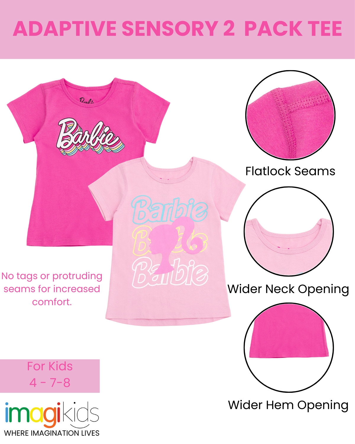 Barbie Little Girls 2 Pack Adaptive T-Shirts Sensory Friendly (4 - 7-8)