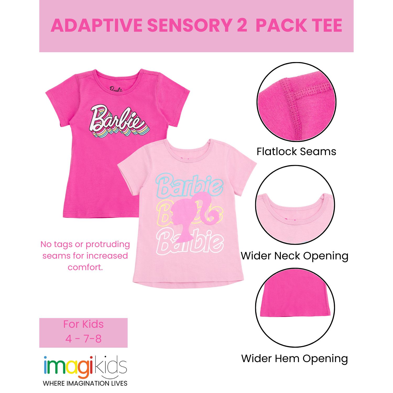 Little Girls 2 Pack Adaptive T-Shirts Sensory Friendly (4 - 7-8)