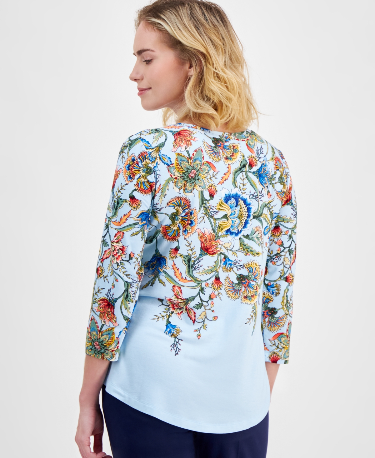 Jm Collection Petite Cascading Floral 3/4-Sleeve Top, Created for Macy's