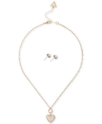 Mixed Crystal Heart Pendant Necklace & Logo Stud Earrings Set