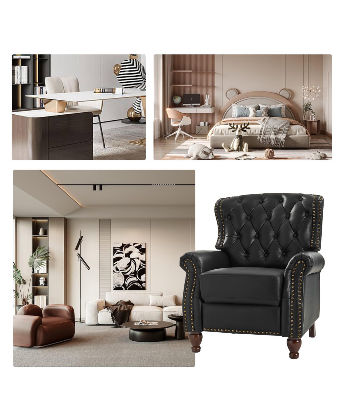 Hulala Home Justine Wooden Upholstery Genuine Leather Recliner with Tufted Back