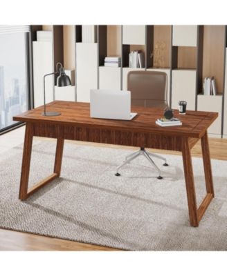 Home Office Executive Desk: 55 Inches Solid Wood Computer Desk with Drawer, Rustic PC Laptop Desk Workstation Furniture, Walnut Brown