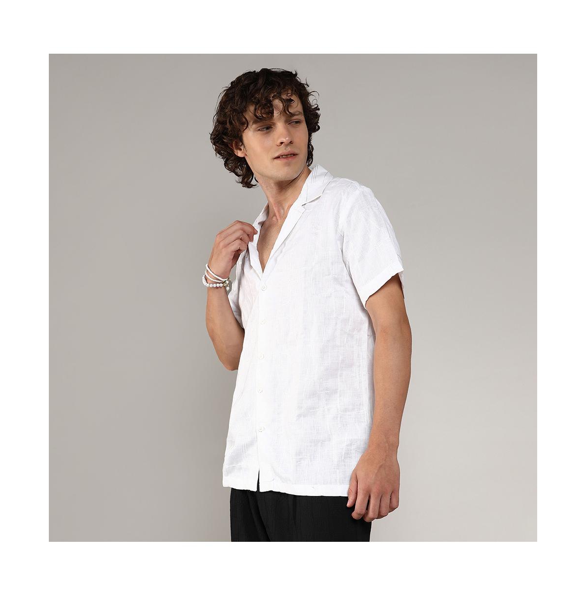 Campus Sutra Men's ChalkEmbroidered Heathered Shirt - White