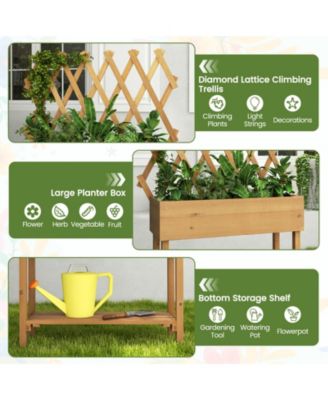 Wooden Rolling Raised Garden Bed with Trellis and Storage Shelf