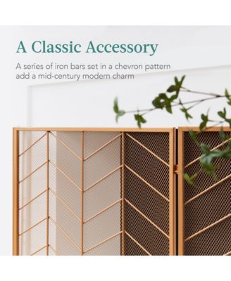 52x31in 3-Panel Iron Chevron Fireplace Screen, Spark Guard w/ Handles