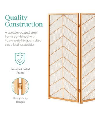 52x31in 3-Panel Iron Chevron Fireplace Screen, Spark Guard w/ Handles