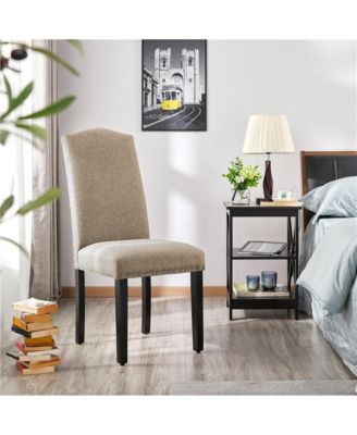 Set of 2  Fabric Upholstered Classic Dining Chair with Tall Back and Solid Wood Legs Khaki