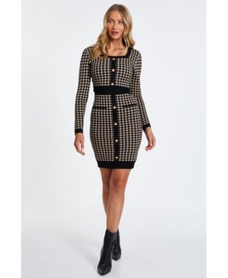 QUIZ Women's Knit Houndstooth Button Front Sweater Dress - Macy's