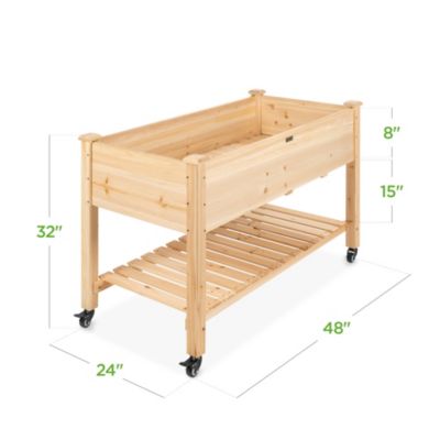 Raised Garden Bed 48" x 23" x 32" Wood Mobile Elevated Planter with Wheel Locks, Shelf and Liner