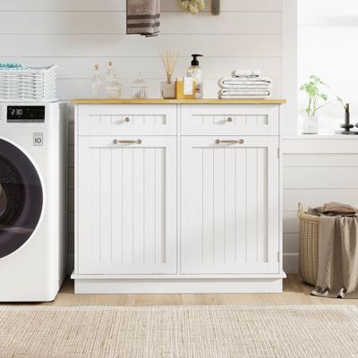 15.5 Gallon Kitchen Tilt Out Trash Cabinet Rubber Wood Tabletop 2 Drawers