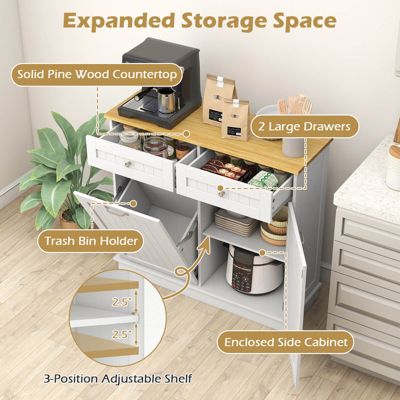 15.5 Gallon Kitchen Tilt Out Trash Cabinet Rubber Wood Tabletop 2 Drawers