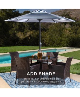 5-Piece Indoor Outdoor Wicker Patio Dining Table Furniture Set w/ Umbrella Cutout, 4 Chairs