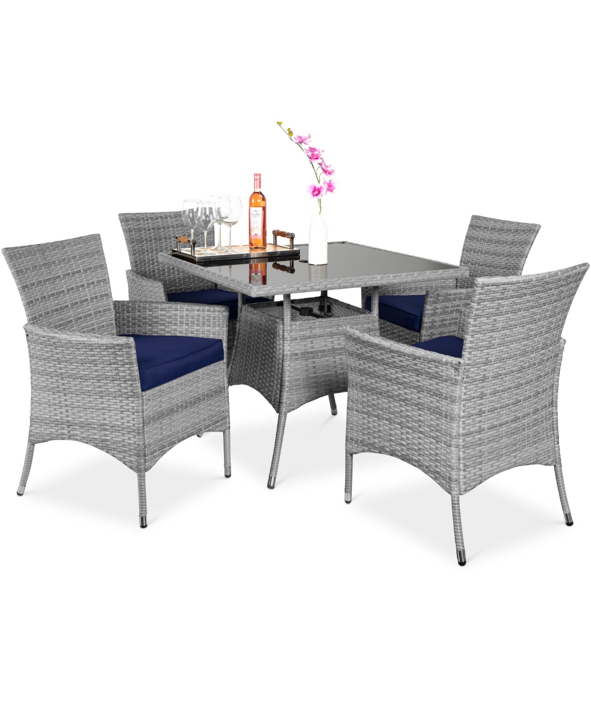 Best Choice Products 5-Piece Indoor Outdoor Wicker Patio Dining Table Furniture Set w/ Umbrella Cutout, 4 Chairs - Navy