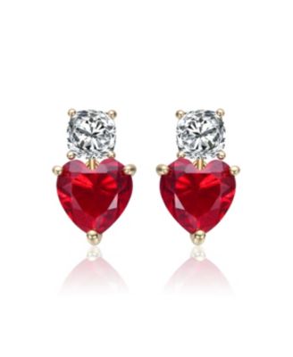 Sterling Silver 14K Gold Plated with Cubic Zirconia Two-Stone Heart Earrings