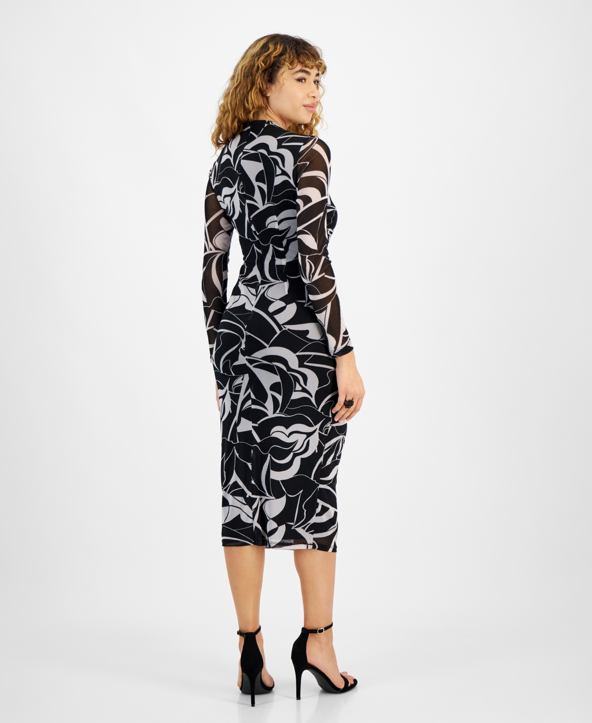 Bar Iii Women's Abstract Print Mesh Midi Dress, Created for Macy's -white