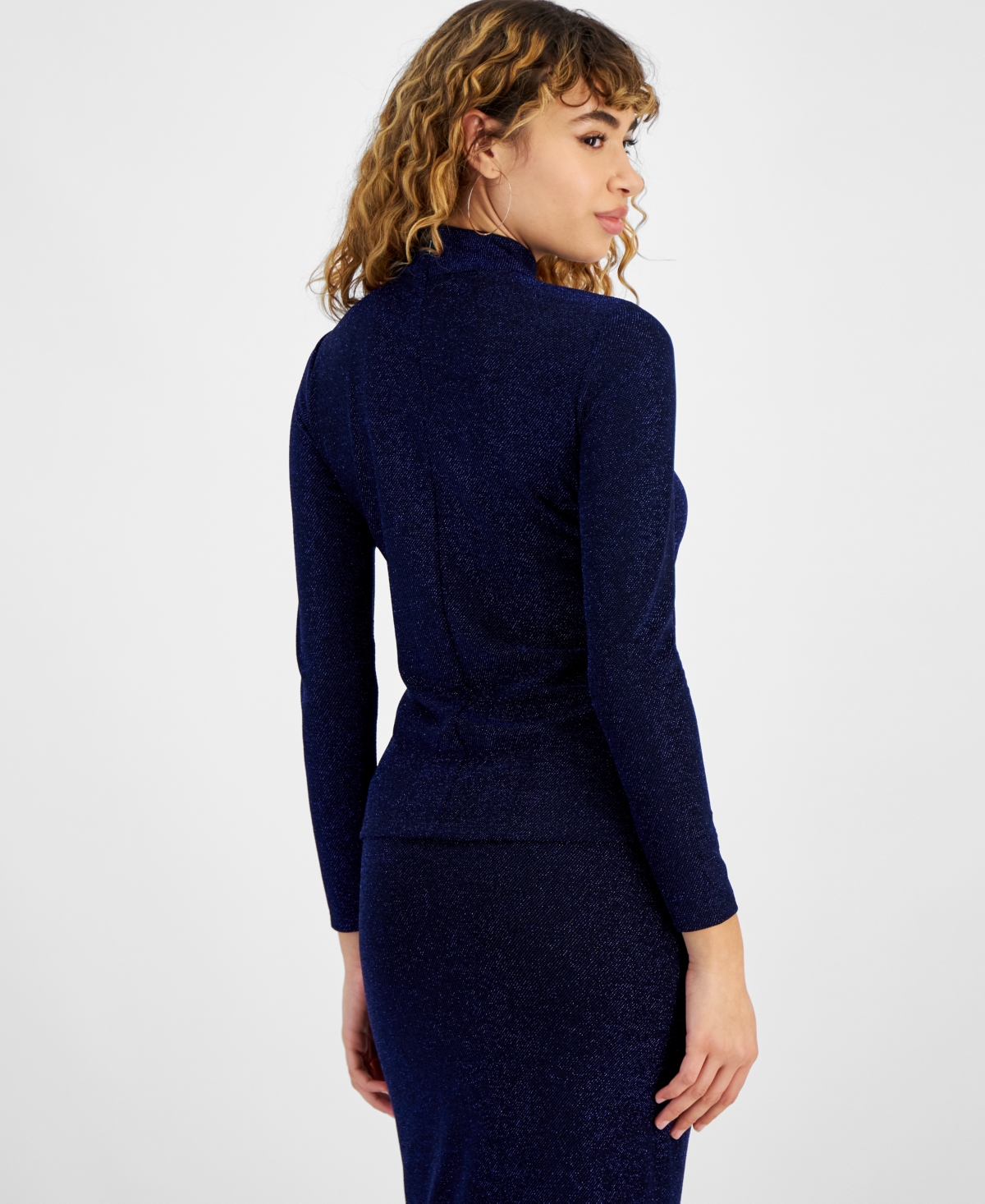 Bar Iii Women's Long-Sleeve Metallic Mock Neck Top, Created for Macy's -deep Blue