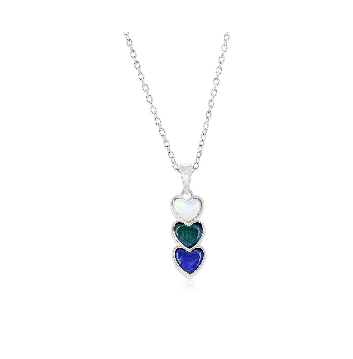 Sterling Silver Triple Heart Mop, Lapis, & Malachite Necklace - Lapis, malachite  mop