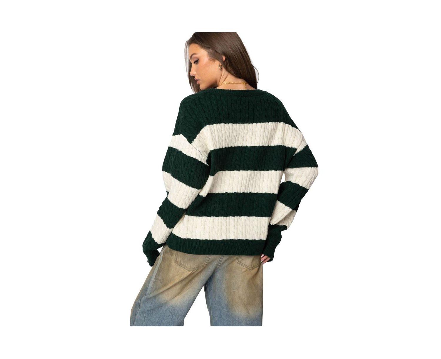 Women's Oversized Striped Cable Knit Sweater