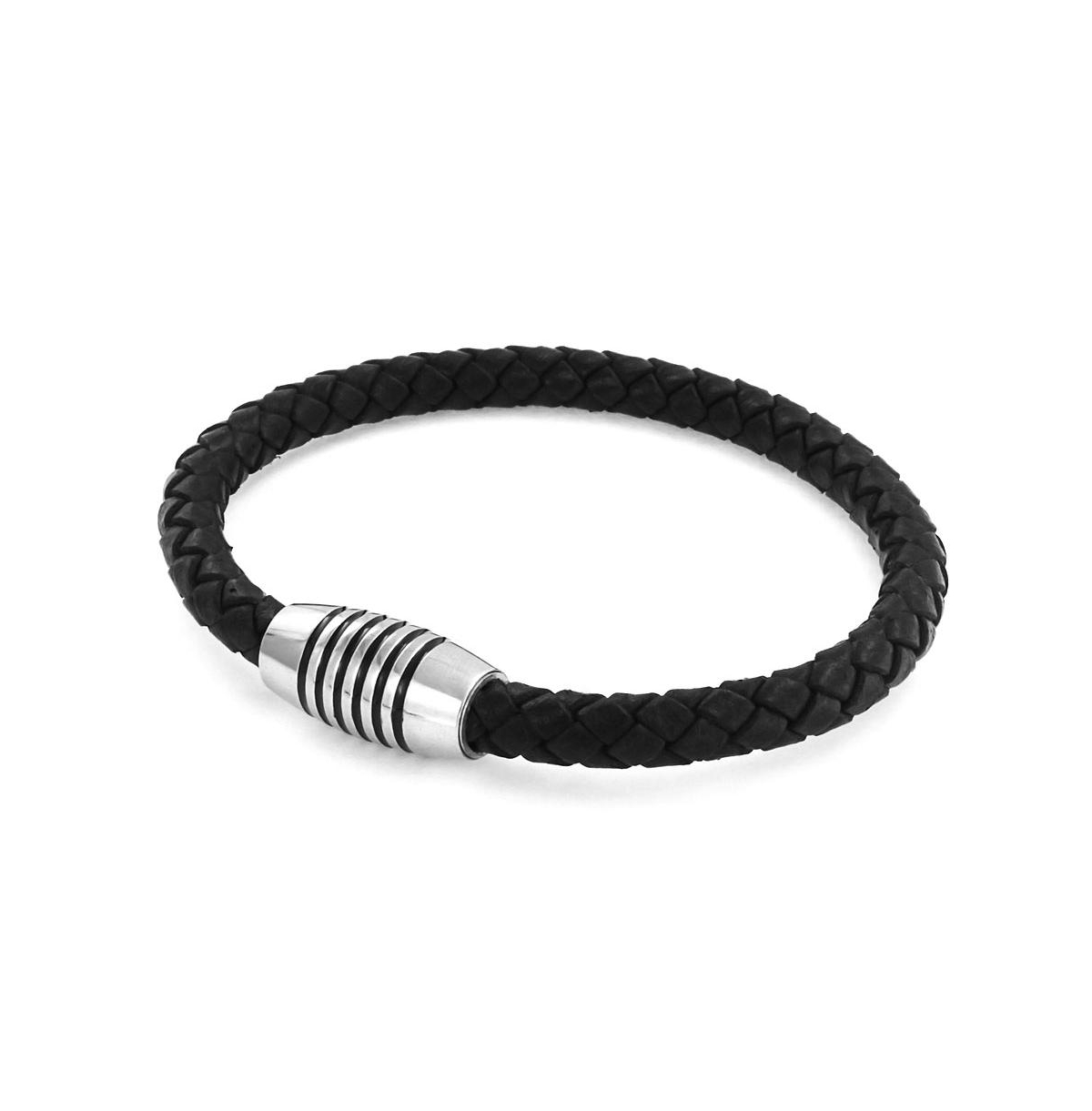 Bling Jewelry UnisexStackable Woven Weave Braided Leather Bracelet Woven Bangle Bracelet For Men Women Stainless Barrel Clasp - Black