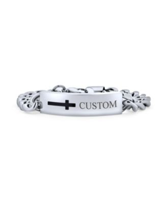 Name Plated Religious Side Ways Cross Identification ID Bracelet Curb Stainless Steel