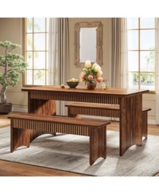 3-Piece Dining Table Set, 55" Dining Room Table with 2 Benches for 4-6 People, Farmhouse Rectangular Dining Room Table Set