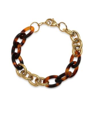 Brown Golden Acrylic Leopard Tortoise Shell Oval Chain Link Bracelet Yellow Gold Plated Stainless Steel
