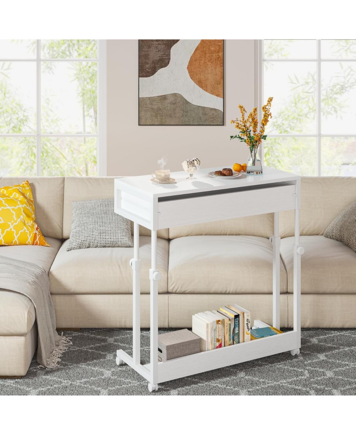 Tribesigns Portable Desk with Drawers, Mobile Laptop Desk with Wheels, Couch Desk Sofa Side Table Bed Desk, Small Standing Desk for Home Office - Whit