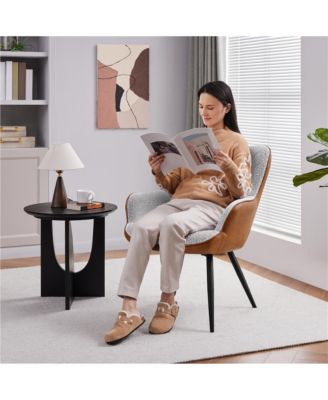 Modern Pleated Curved Back Boucle Fabric and Faux Leather Accent Chair Upholstered Armchair, Grey/ Retro Brown