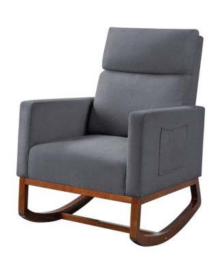 Fabric Upholstered High Back Rocking Chair with Solid Wood Legs, Side Pockets