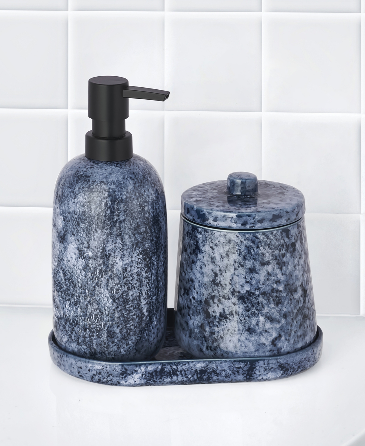 Blue Speckled Stoneware 3-Pc. Bathroom Accessory Set - Blue
