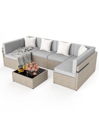 Gray 7-Piece Wicker Outdoor Sectional Set with Coffee Table and Cushions