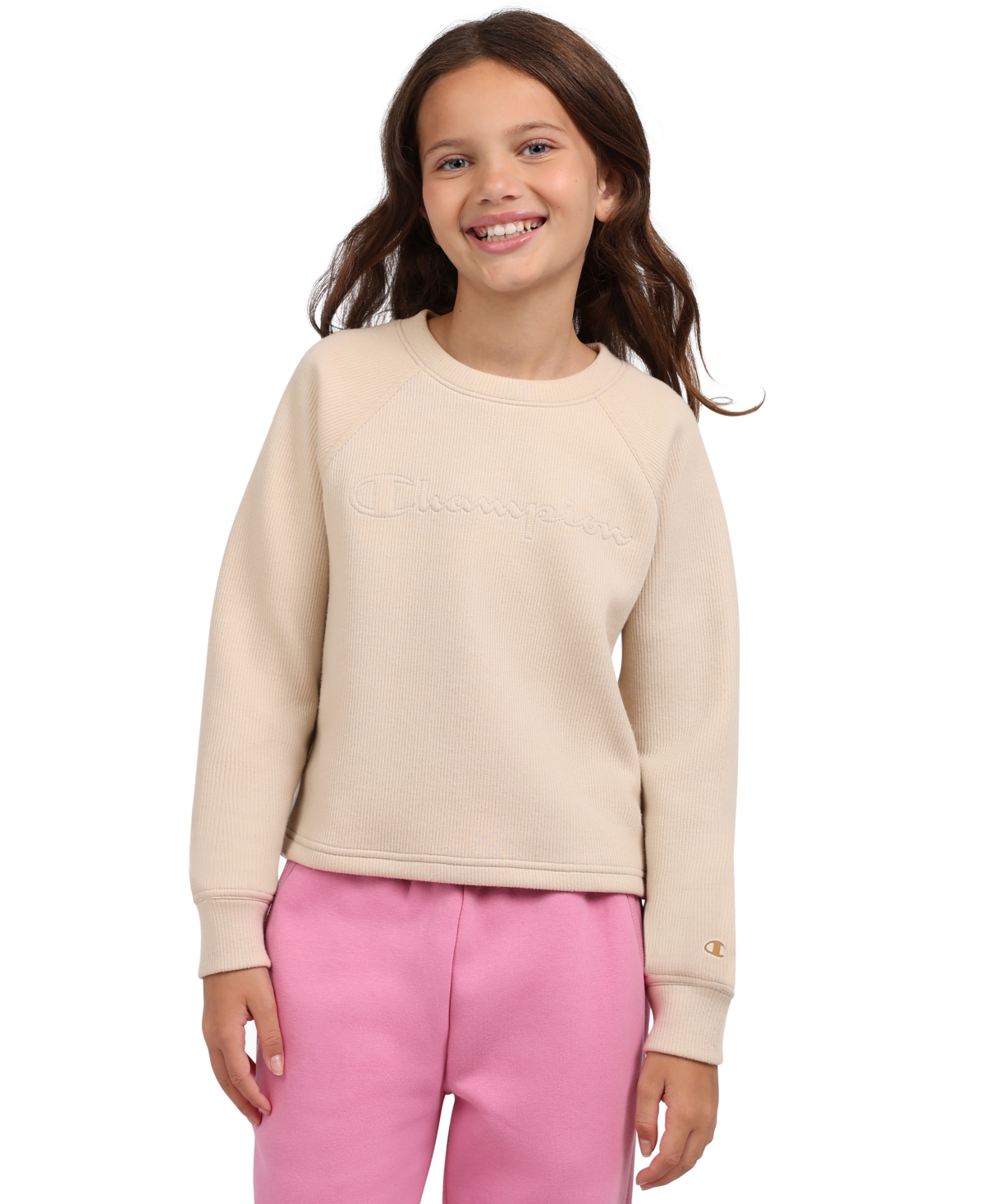 Shop Champion Big Girls Active Ribbed Crewneck Sweatshirt In Sand Khaki