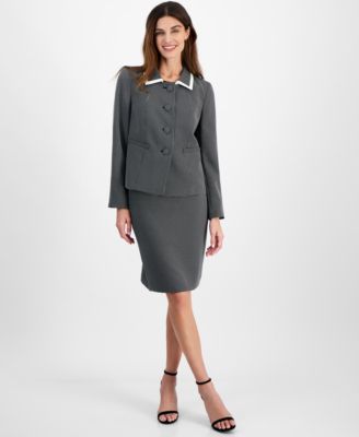 Women's Seamed Birdseye Tweed Skirt Suit Set, Regular & Petite