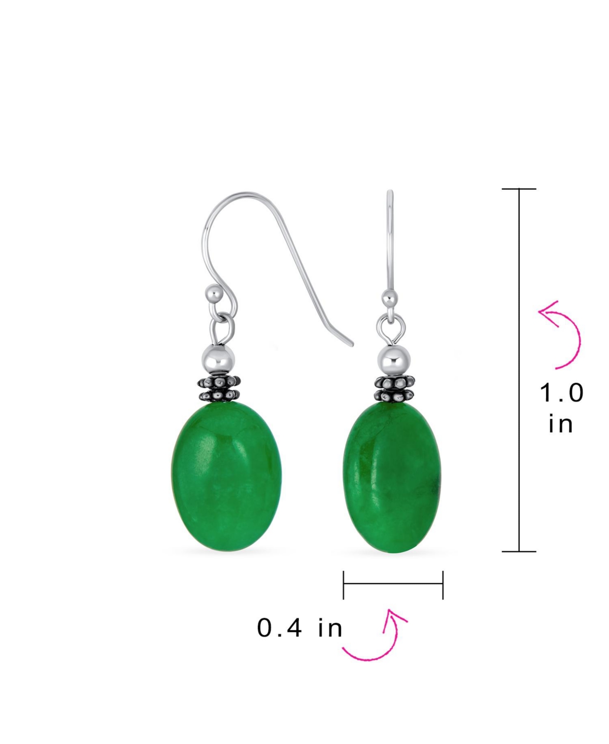 Bling Jewelry Bali Style Green Natural Jade Milgrain Oval Drop Earrings Sterling Silver Oxidized Wire Fish Hook