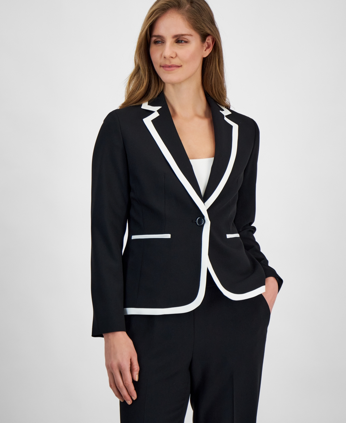 Le Suit Petite Contrast-Tipped Pant Suit -Vanilla Ice