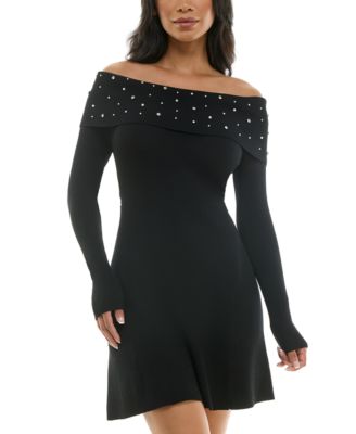 Juniors' Embellished Off-The-Shoulder Sweater Dress