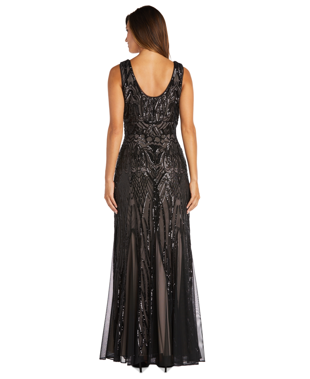 R & M Richards Petite Sequinned-pattern Evening Gown In Black,nude