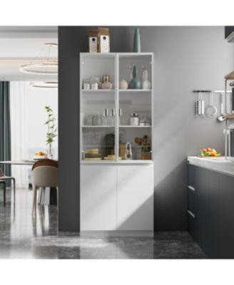 White Wood Accent Storage Cabinet With Tempered Glass Doors