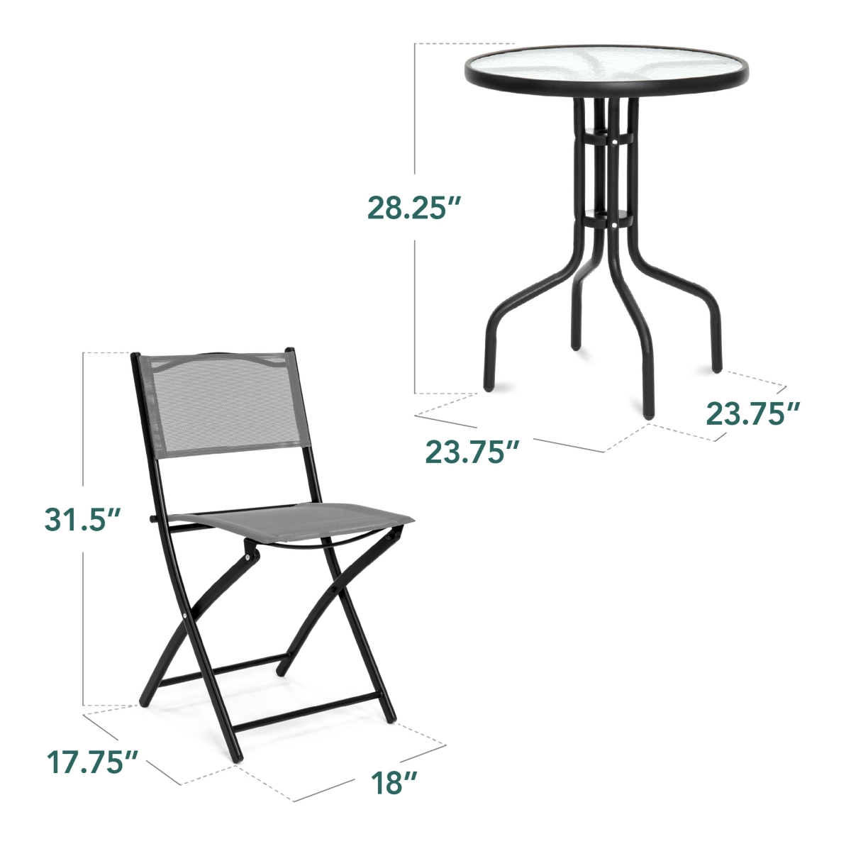 Best Choice Products 3-Piece Patio Bistro Dining Furniture Set w/ Round Textured Glass Tabletop, Folding Chairs