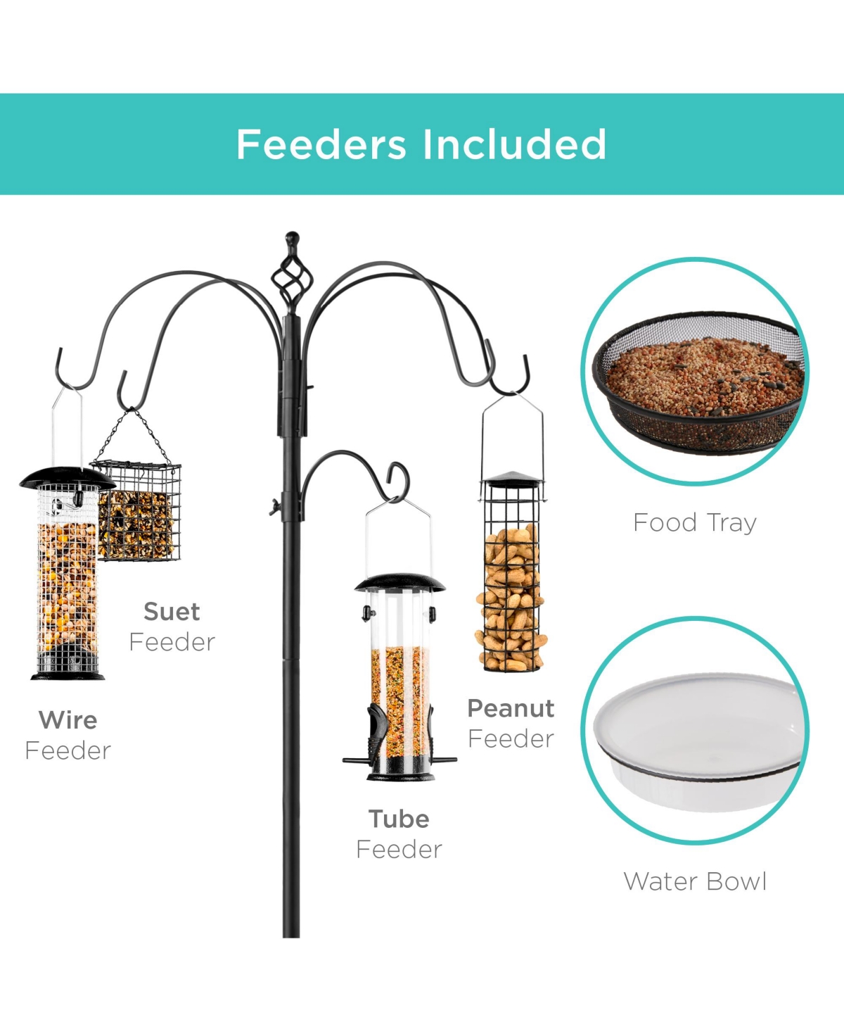 Best Choice Products 89in 6-Hook Bird Feeding Station, Steel Multi-Feeder Stand w/ 4 Feeders, Tray, Bird Bath
