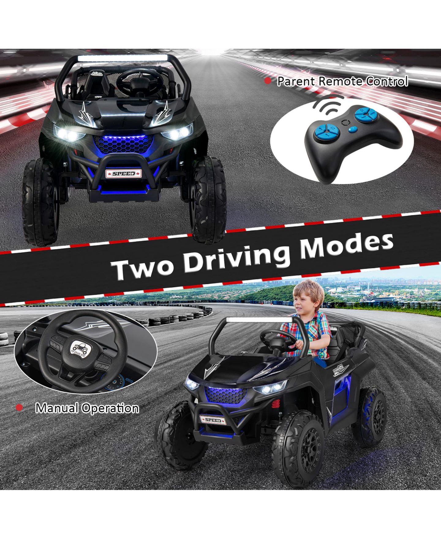 Детская игрушка Costway 12V 2-Seater Ride On UTV with Remote Control and LED Lights, 3–8 лет, цвет: Чёрный — фото 10
