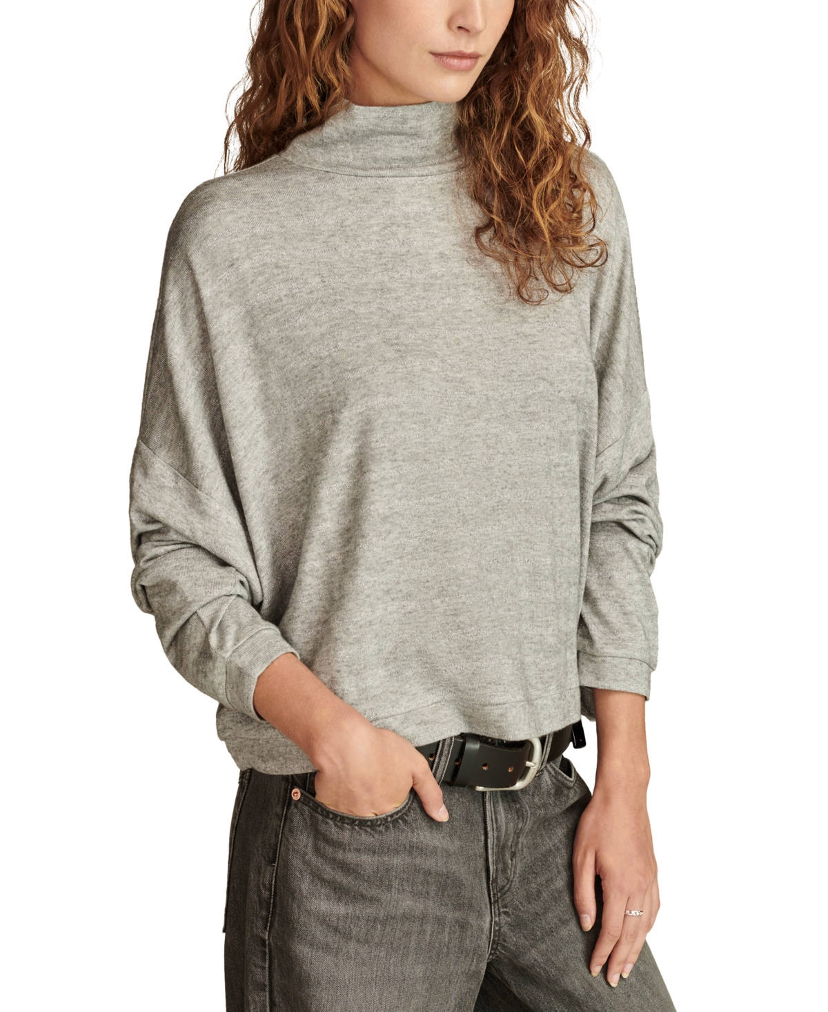 Lucky Brand Cloud Shine Stripe Mock Neck Knit Top In Grey Stripe