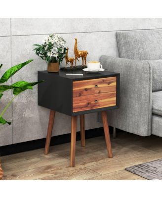 Wooden Nightstand Mid-Century End Side Table Living Room W/2 Storage Drawers